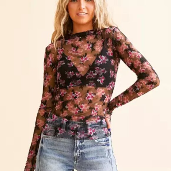 Free People NWT Floral sheer fitted lace mock neck top size L - Picture 1 of 5